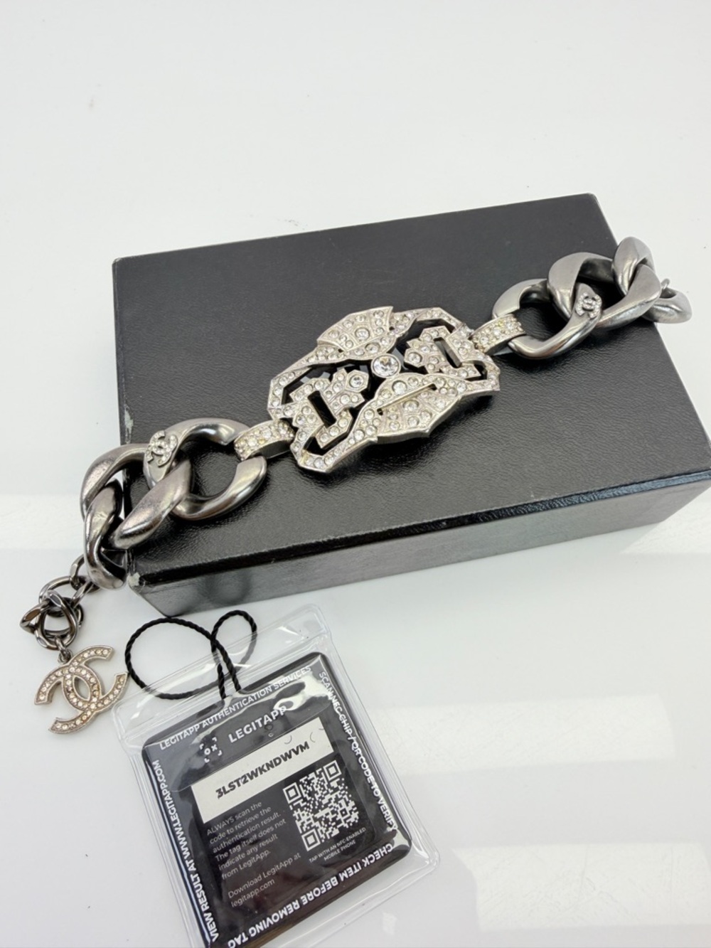 CHANEL Ruthenium Gunmetal and Crystal Art Deco Bracelet with CC Charm